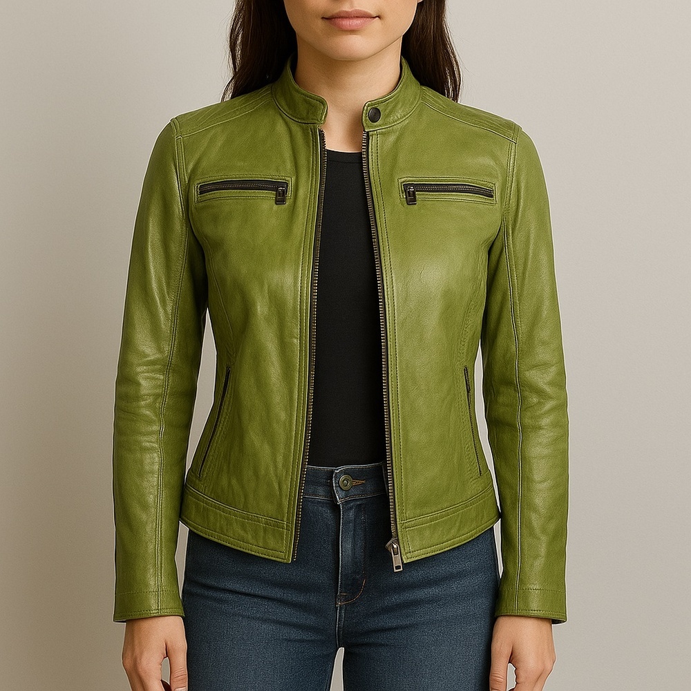 Danier Green Leather Cafe Racer Moto Jacket Stand‎ Collar XXS